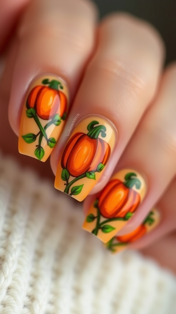 Close-up of pumpkin nail art with orange pumpkins and green vines on manicured nails.